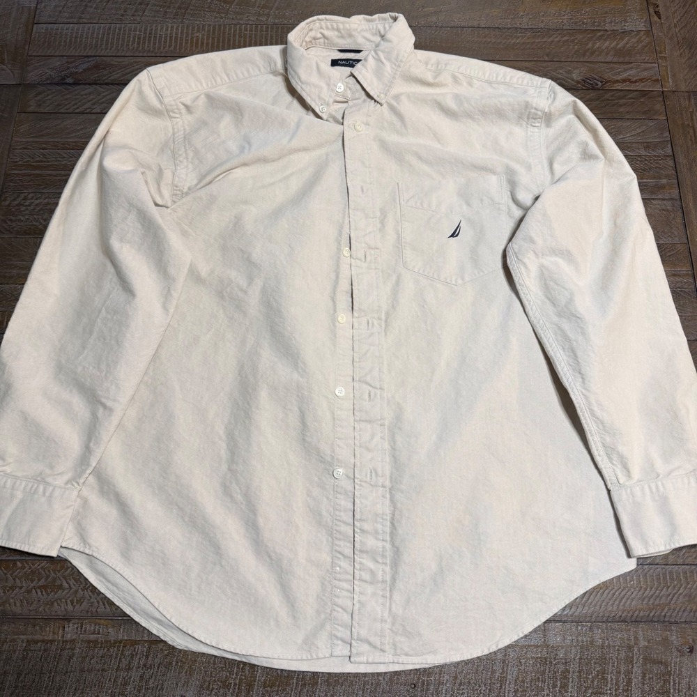 Nautica Oxford Shirt Mens L Beige Long Sleeve Cotton Button Down Logo Preloved